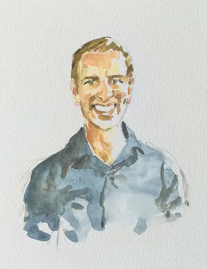 Portrait d'art à l'aquarelle réalisé à la main par Bertrand, artiste à Montmartre