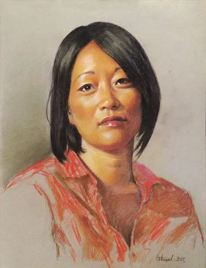 Portrait d'art au pastel sec en couleur réalisé à la main par Bertrand, artiste à Montmartre